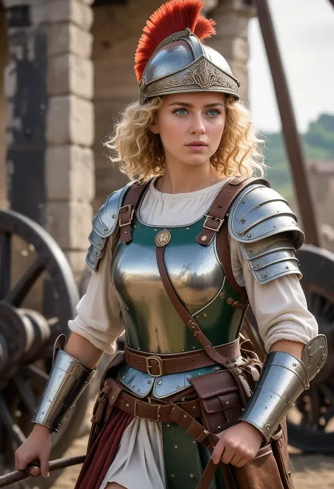 (medium full shot) of (gorgeous roman soldier) young woman, curly blonde hair, green eyes, fair skin, tiny build,   auxiliary, wearing Montefortino helmet with horsehair plume, leather armor, white tunic, leather belt with metal plates, iron greaves, calig...