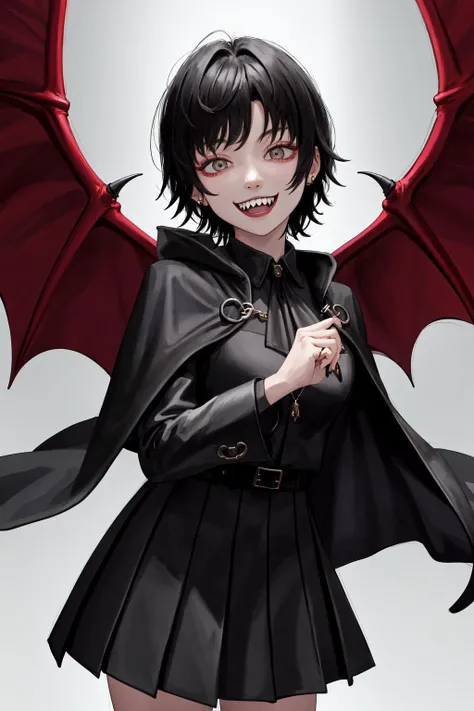 masterpiece, best quality, highres, 1girl short hair <lora:sayonara_eri:1> capelet, black jacket, fangs out, smile, vampire, wings