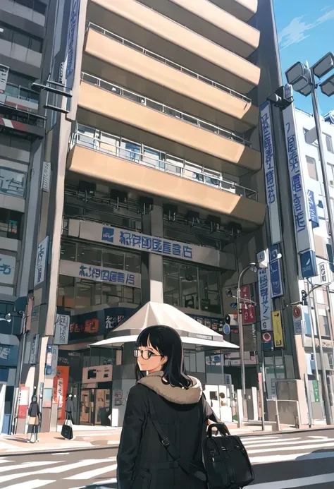 woman in black coat and scarf standing on street corner in urban area