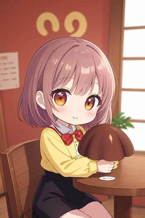 masterpiece, best quality,ultra detail,(chibi,petite),a girl,happy, holding kinoko <lora:kinoko-001:0.9>chocolate,mushroom,on table