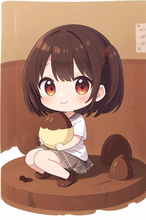 masterpiece, best quality,ultra detail,chibi,petite,a girl,happy, holding kinoko <lora:kinoko-001:0.9>chocolate,mushroom