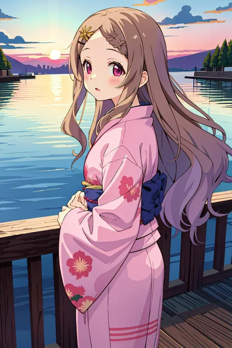 a woman in a kimono standing on a pier next to a body of water