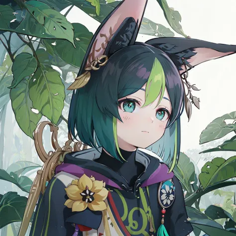 <lora:tighnari:1>tighnari (genshin impact), 1boy, animal ears, male focus, multicolored hair, yellow flower, medal, fox ears, black hair, green hair, green eyes, gloves, bird, flower, animal ear fluff, solo, blunt ends, vision (genshin impact), asymmetrica...