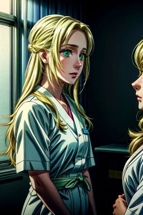 (high quality) (masterpiece) A scene of an anime girl with a patient gown in the hospital, with a conforting nurse  very long blonde hair and light green eyes, emotional scene, various scene.