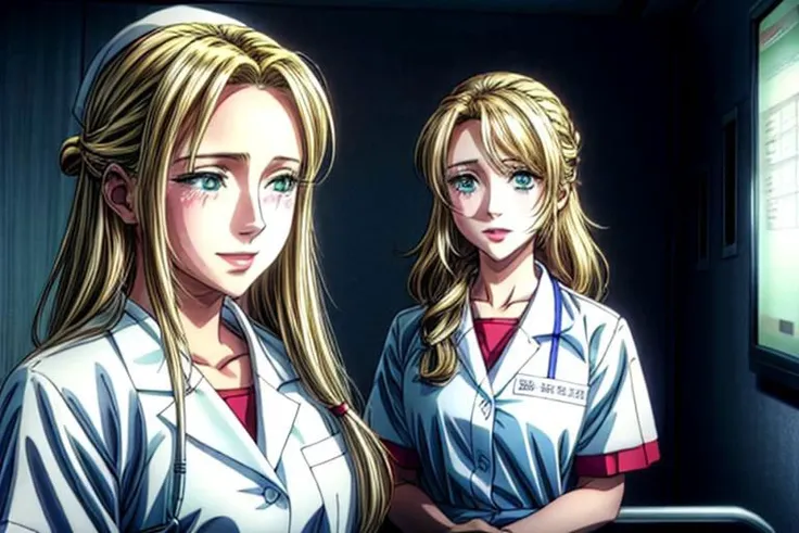 (high quality) (masterpiece) A drama scene of an anime girl with a patient gown in the hospital, with a conforting nurse very long blonde hair and light green eyes, she smiles at the crying patient, emotional scene, various scene.