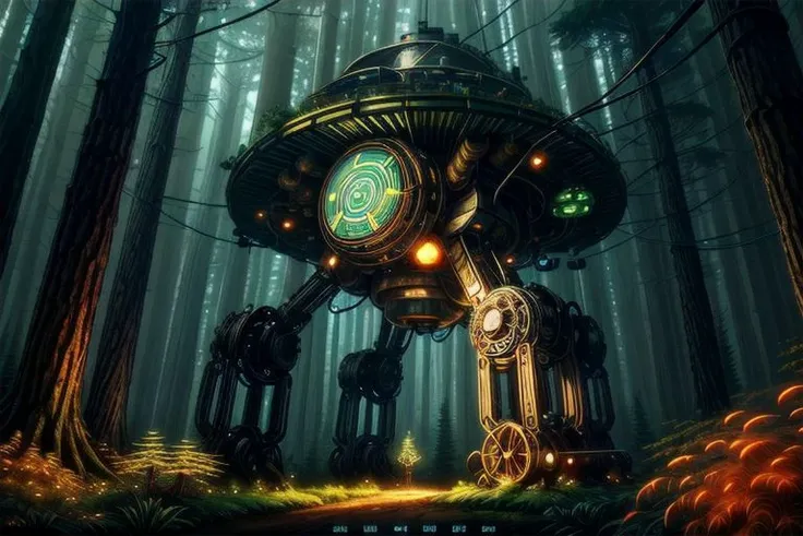 A surreal forest scene where nature and technology collide. The trees are made of metal pipes and wires, the shrugs are glowing neon lights, the plants are circuit boards and keyboards, the mushrooms are speakers and headphones, the small animals are robot...