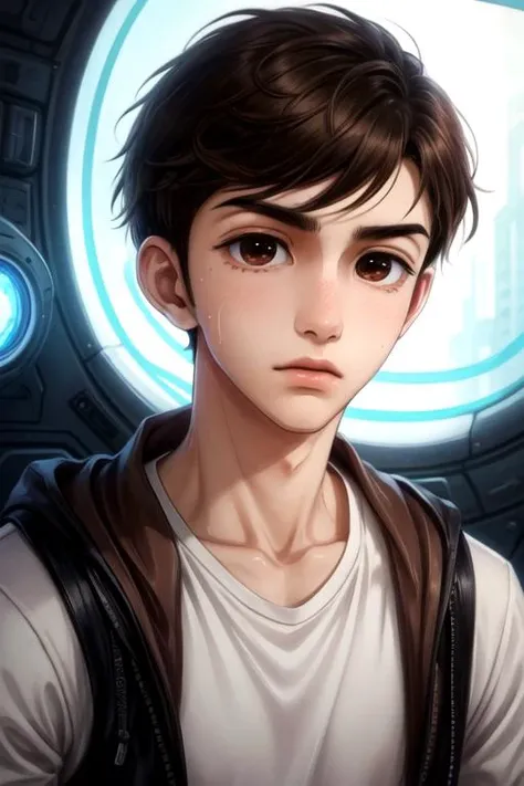 masterpiece, best quality, illustration, 1boy, solo, male focus, looking at viewer, upper body, depth of field, <lora:junpei_murao:0.66>, junpei_murao, brown hair, brown eyes, , , sci-fi, High definition