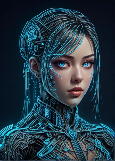 cybernetic style Cyberpunk beauty woman, bangs, blue eyes, closed mouth, inner glow, gradient background, hair ornament, hair stick, long hair, looking at viewer, makeup, mascara,  tassel, Tai Chi, science fiction, glow effect, high detail, best quality, T...