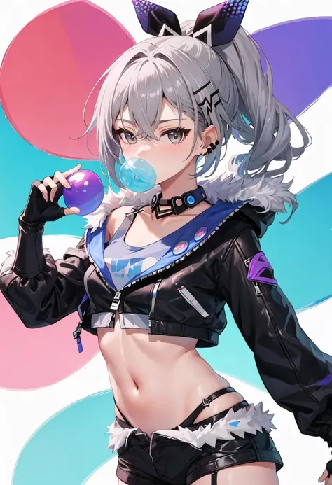 best quality, masterpiece, highres, solo, {silver_wolf_starrail:0.90}, 1girl, bubble_blowing, chewing_gum, fingerless_gloves, looking_at_viewer, black_gloves, black_jacket, fur_trim, navel, black_shorts, midriff, shirt