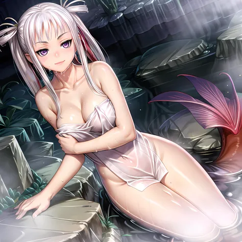 yuanshen,1girl,solo,monster girl,purple eyes,long hair,nude,white hair,water,mermaid,breasts,medium breasts,dutch angle,smile,ribbon,partially submerged,twintails,hair ribbon,hair over breasts,<lora:add_detail:0.5>,<lora:epiNoiseoffset_v2:0.5>,<lora:EnvyBe...