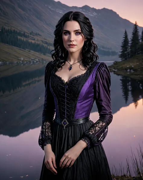 ((ultra detailed, masterpiece, best quality)) <lora:W3Yennefer:0.8> W3Yennefer, 1girl, solo, purple eyes, dress, By a serene lake at dawn, tranquil reflection pose, the first light of sunrise creating a serene and ethereal glow