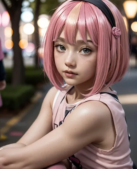 stephanie, 1girl, shiny pink wig, bokeh, photo, film, face, stripped dress, <lora:stephanie_V3:0.7>, lazy town, child, black eyes, hair bandana, realistic, photorealistic