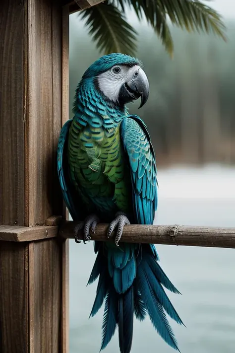 there is a parrot sitting on a wooden post by the water