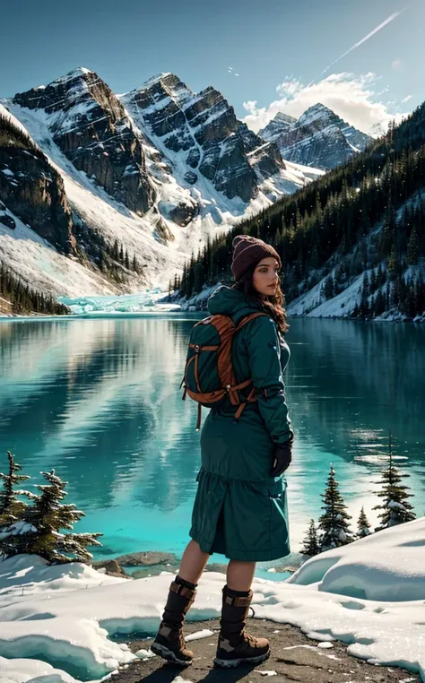 arafed woman standing on a rock overlooking a lake and mountains