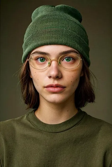 (analog photo) of a beautiful 20-year-old woman wearing a beanie and (wearing round glasses:1.2), one brown eye, one green eye, heterochromia, natural skin texture, realistic skin texture, (skin pores:0.8), (skin oils:0.6), masterpiece, Fine art photograph...