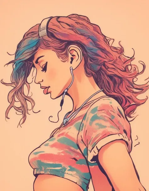 <lora:Milo_Manara_Style_Concept:0.7>
mlmnr style, colorfull hand-drawn, masterpiece of traditional media
Young woman listening music through headphone, hand on headphone, sexy, cut shirt showing midriff