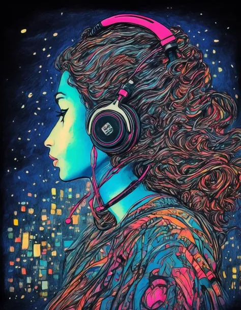 <lora:Milo_Manara_Style_Concept:0.7>
masterpiece of traditional media, young woman, mlmnr style, colorfull hand-drawn Listning to music, hand over headset, Night scene