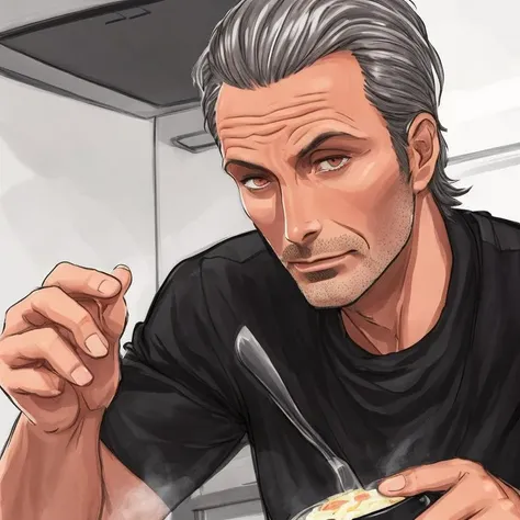 A drawing of an attractive, sinister, stylish, mads65 hannibal cooking dinner in a modern, clean kitchen. suspense, creepy,  Extreme close-up  anime512