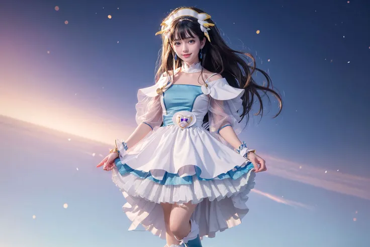 masterpiece, best quality, looking at viewer, depth of field, full body, 
1girl, <lora:locon_cure_ange_01:0.9>, cure ange, short dress, earrings, hair ornament, knee boots, see-through sleeves, wrist cuffs, 
smile, ((gradient background)), lens flare, blue...