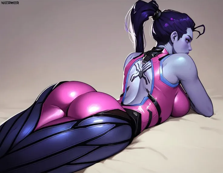 Hyperrealistic art mature woman, (1girl:0.5), masterpiece, widowmaker_(overwatch), solo, (purple skin), <lora:Widowmaker_Overwatch-07:1>, purple hair, from behind, short hair, ponytail, on stomach, breasts, large breasts, bare shoulders, ass focus, bottoml...