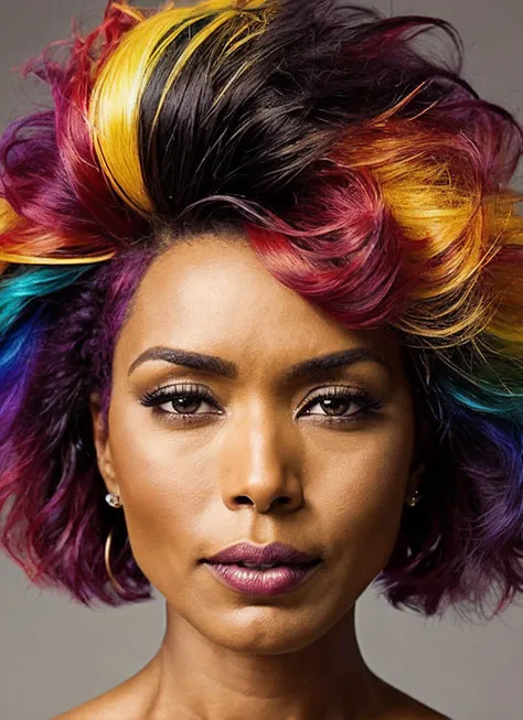 portrait of sks woman by Flora Borsi, style by Flora Borsi, bold, bright colours, rainbow Mohawk haircut, ((Flora Borsi)), <lora:locon_angelabassett_v1_from_v1_64_32:1.25>