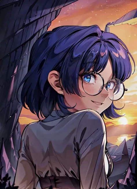 anime girl with glasses looking at the sunset