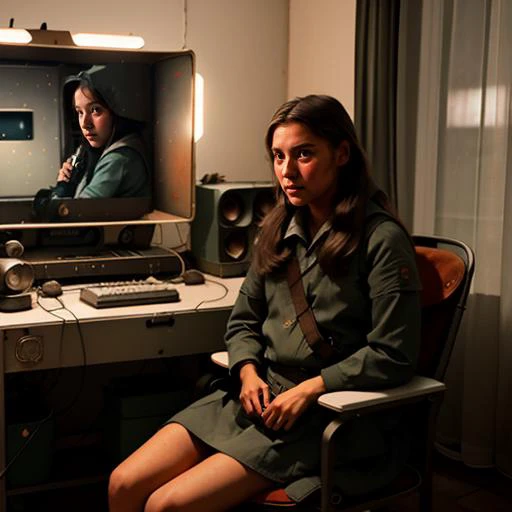 girl sitting in a chair in front of a soviet computer in the communal apartment, crying, 8K, ultra realistic, details anatomy, cinematic lighting, photographic, Eastman Kodak Color Negative film 5251 50T shot on panavision super ps . no arms. <lora:Arevik:...