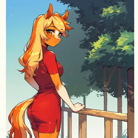 a cartoon picture of a woman in a red dress standing on a fence