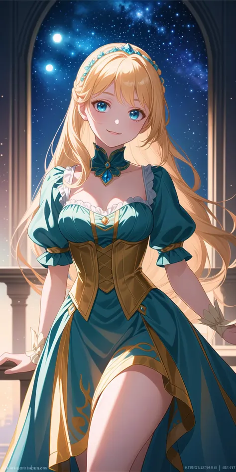 a woman in a dress with long blonde hair and blue eyes