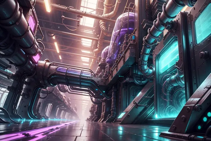 a close up of a futuristic city with a large amount of pipes