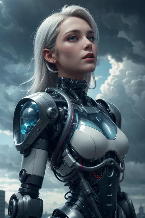 a woman in a futuristic suit standing in front of a cloudy sky