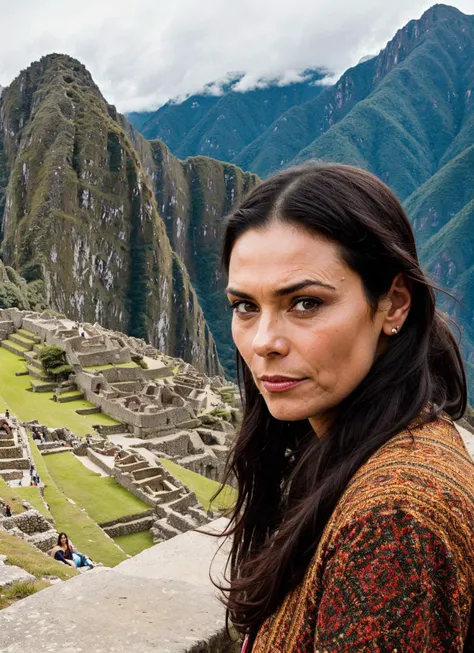 portrait of sks woman in Machu Picchu, with the ancient ruins in the background, by Flora Borsi, style by Flora Borsi, bold, bright colours, ((Flora Borsi)), by Peter Lindbergh, <lora:locon_michelleforbes_v1_from_v1_64_32:1>