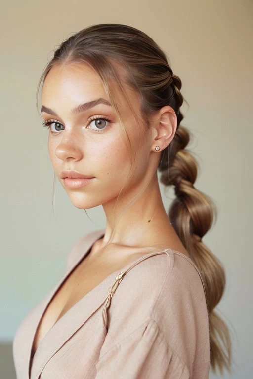 a woman with a long braid ponytail and a pink top