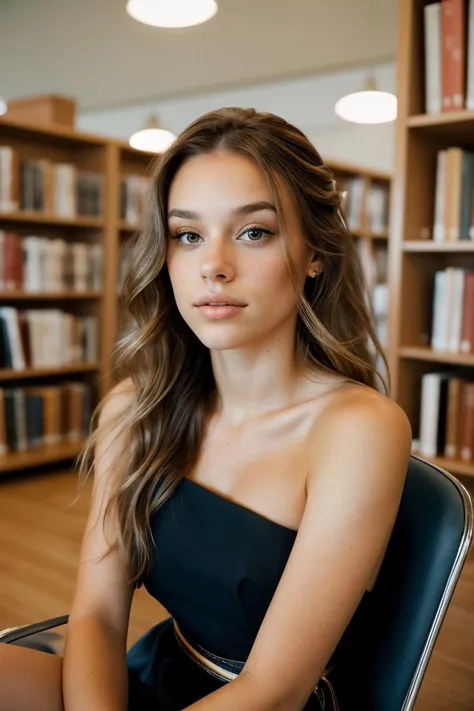 a woman sitting in a chair in a library with books on shelves