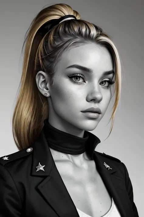 film noir style, black and white, high contrast, mystery, detailed headshot <lora:HaileyGrice_v1:0.9> HaileyGrice with dirty blonde hair with highlights, focus on face, wearing a military uniform , her hair is styled as layered ponytail,