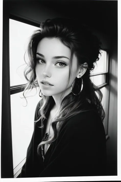 a close up of a woman with long hair looking out a window