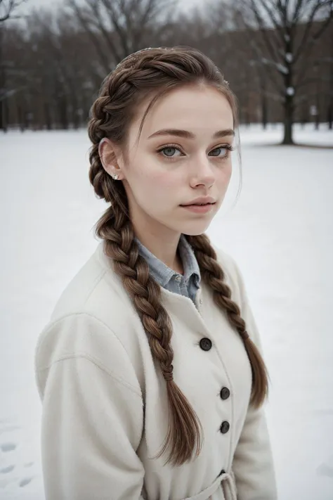 (high angle, headshot:1.2) photo of <lora:HaileyGrice_v1:0.9> HaileyGrice, she is wearing surcoat , she is wearing button badge, her hair is styled as tree braids, BREAK she is (playing in the snow:1.1), soft diffused lighting, shot on Fujifilm X-T4, 50mm ...