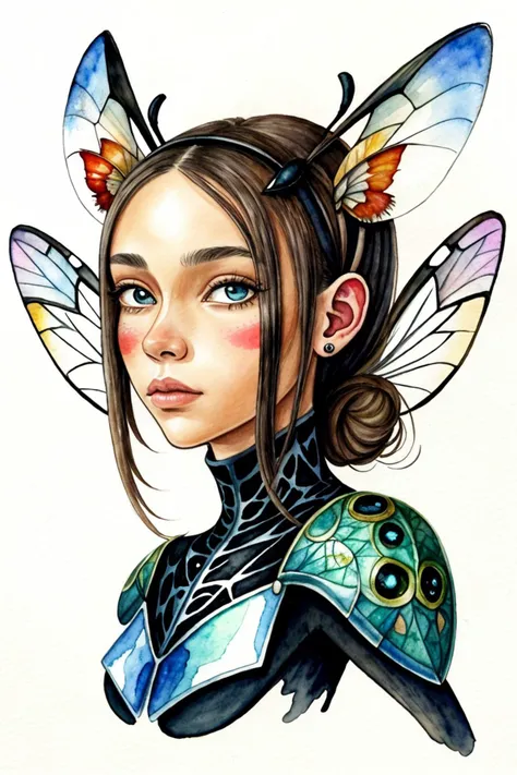 an extremely detailed, intricate watercolor painting of <lora:HaileyGrice_v1:0.9> HaileyGrice with ant antenna on her head, she has multifaceted eyes, she has insect wings for ears