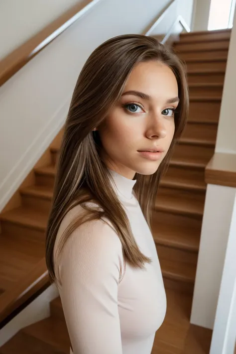 a woman with long hair and a white top standing in front of a staircase