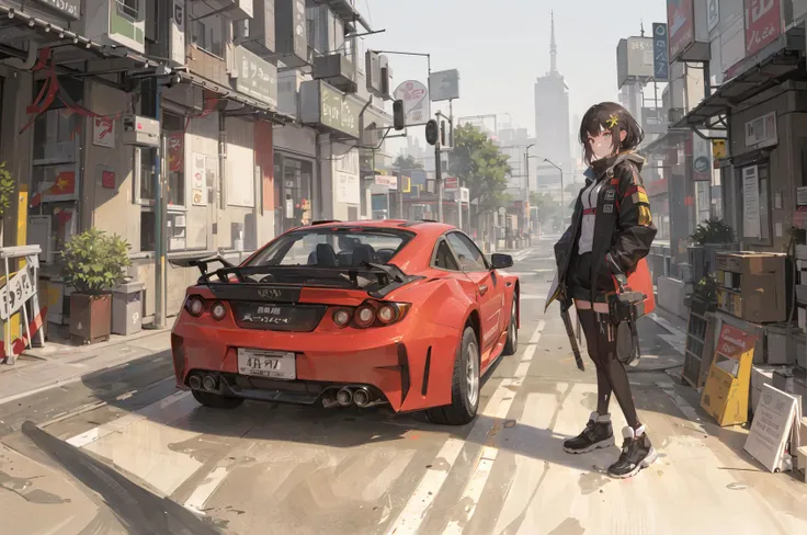 (masterpiece, best quality, ultra-detailed, illustration),  beautiful face, perfect body, 1girl, solo, (standing next to the sports car:1.2), cyberpunk, <lora:mVehicle_v10:0.37>, night city, lanterns