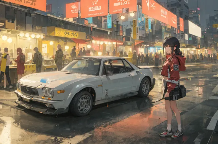 (masterpiece, best quality, ultra-detailed, illustration),  beautiful face, perfect body, 1girl, solo, (standing next to the sports cars:1.2), cyberpunk, <lora:mVehicle_v10:0.5>, (night city:1.2), lanterns