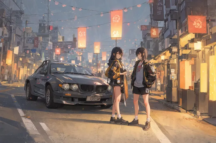 (masterpiece, best quality, ultra-detailed, illustration),  beautiful face, perfect body, 1girl, solo, (standing next to the sports cars:1.2), cyberpunk, <lora:mVehicle_v10:0.5>, (night city:1.2), lanterns