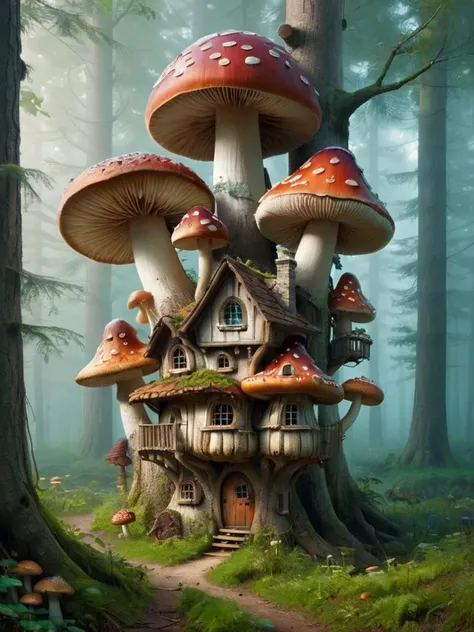 tree houses, trees, forest, mythical forest, mushroom kingdom , mushroomz  <lora:mushroomz:0.5>