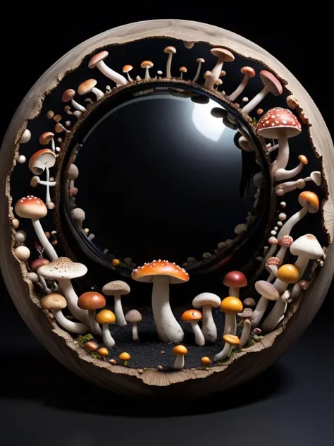 a close up of a mushroom shaped mirror with mushrooms around it