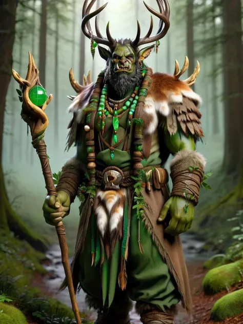 a close up of a man with a horned head and a green staff