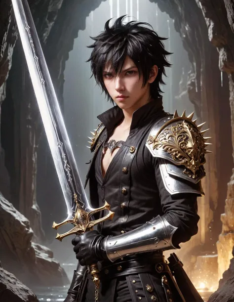  A young man Noctis Lucis Caelum with spiky black hair and brooding eyes, wielding a massive, ornate sword that seems to shimmer with ethereal light, stands in the depths of a foreboding crystal cave, moonlight reflecting off his Engine Blade.