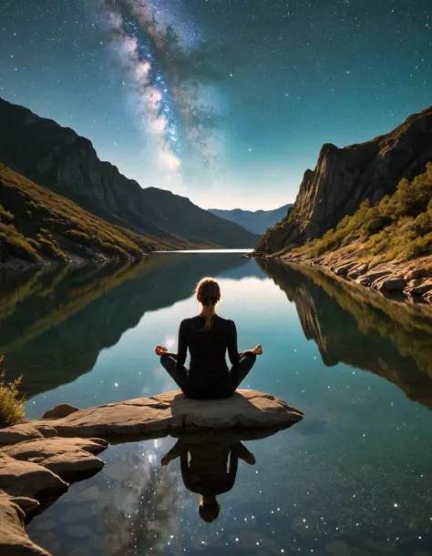 a woman sitting on a rock in front of a lake with a milky in the background