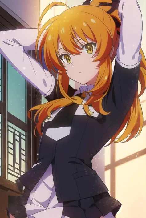 misaominakami, <lyco:misaominakamiLYCORIStest:1>,
misao minakami, (yellow eyes:1.5), orange hair,ponytail, black ribbon, ribbon, hair ribbon,
BREAK skirt, thighhighs, black thighhighs, zettai ryouiki, school uniform,
BREAK looking at viewer,
BREAK indoors,...