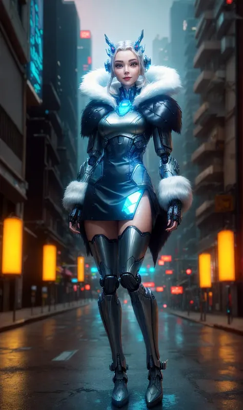 edgfut_clothing, , full-body portrait, android whore, Royal blue Gunmetal Gray, cybernetic implants, porcelain robotic bodyparts, fur coat, mini skirt, nighttime, cityscape, low angle shot, dynamic posture, cinematic composition, female, perfect face, perf...