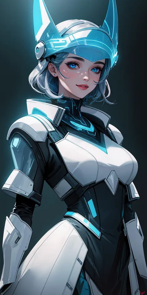 a woman in a futuristic suit with horns and a helmet